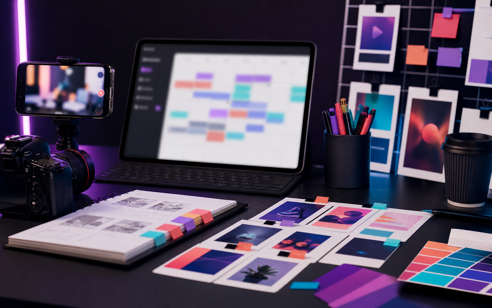Creative social media scheduling studio with camera, abstract content calendar, storyboard cards, and vivid production materials.