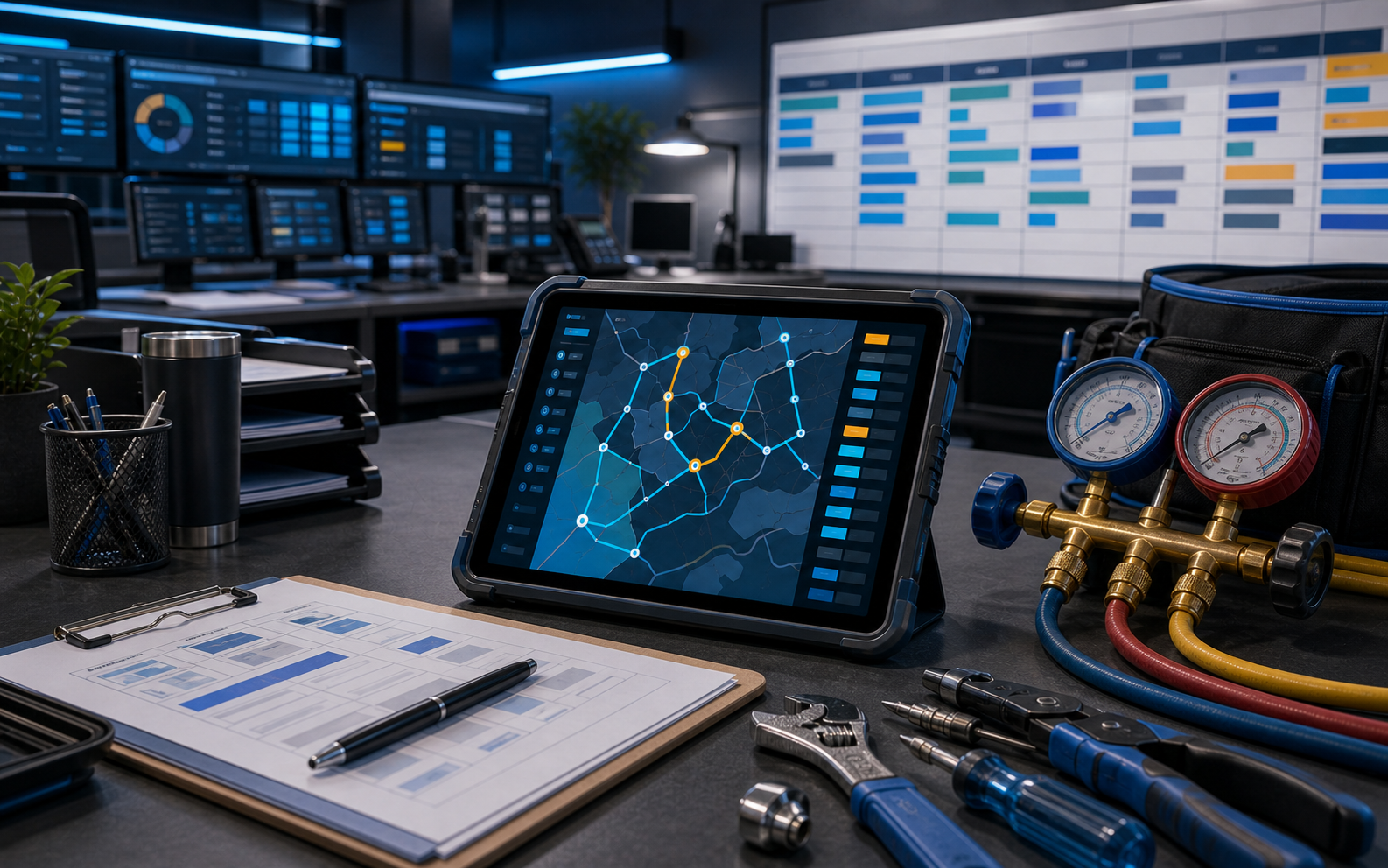 Editorial HVAC dispatch desk with route tablet, schedule board, service tools, and abstract work order controls.