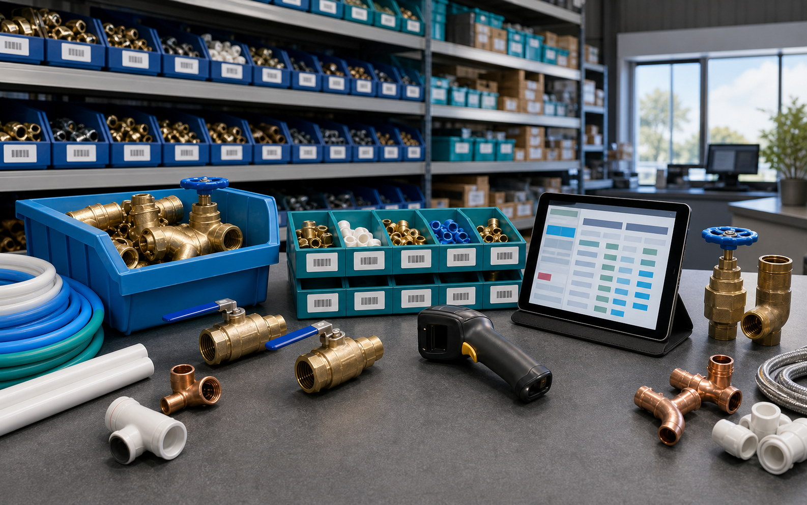Editorial plumbing supply counter with brass fittings, blue bins, barcode scanner, and abstract inventory tablet.
