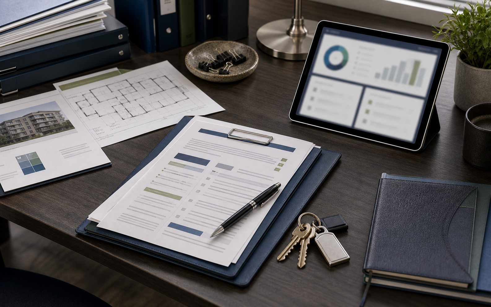 Editorial property management desk with keys, building plans, owner packet, and blurred portal dashboard.