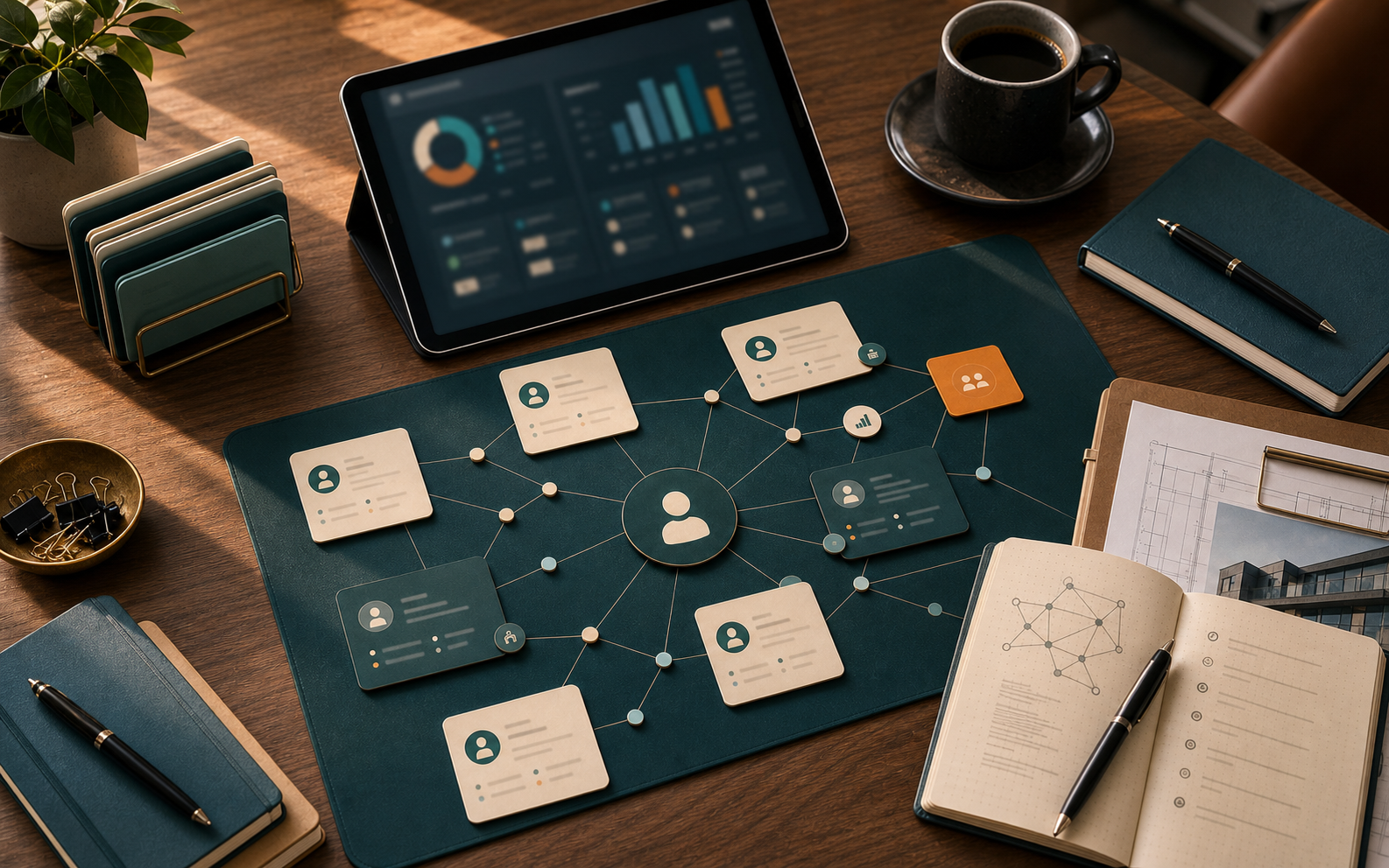 Editorial referral network workspace with abstract relationship cards, connection lines, and blurred analytics.