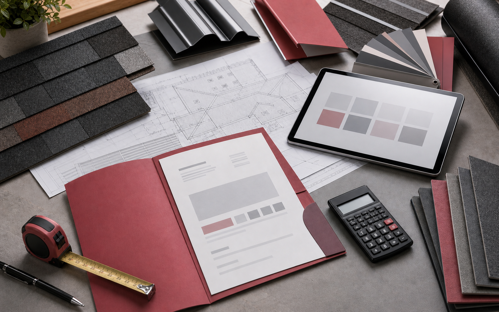 Editorial roofing estimate desk with shingle samples, roof plans, proposal packet, calculator, and abstract tablet UI.