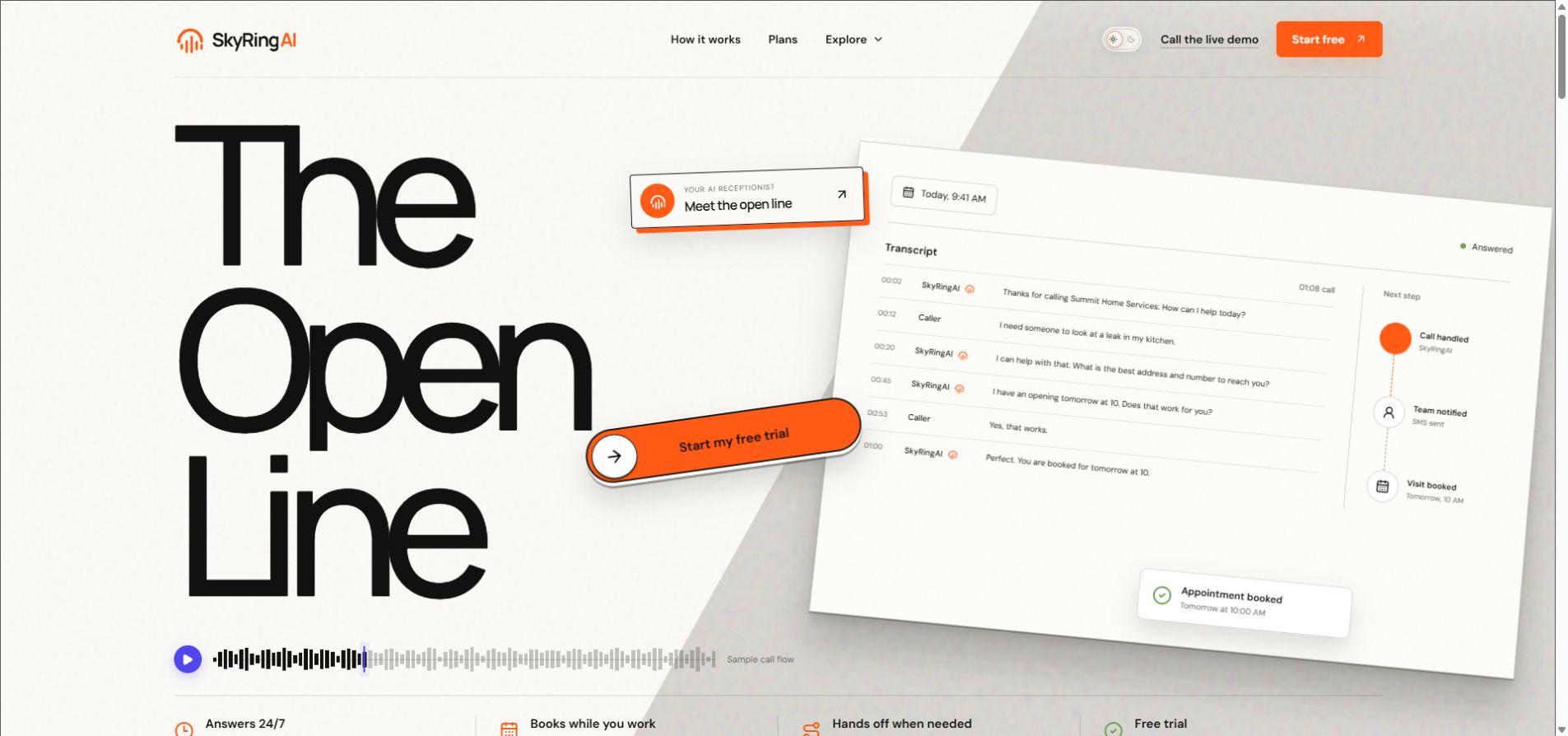 SkyRingAI website design with The Open Line headline