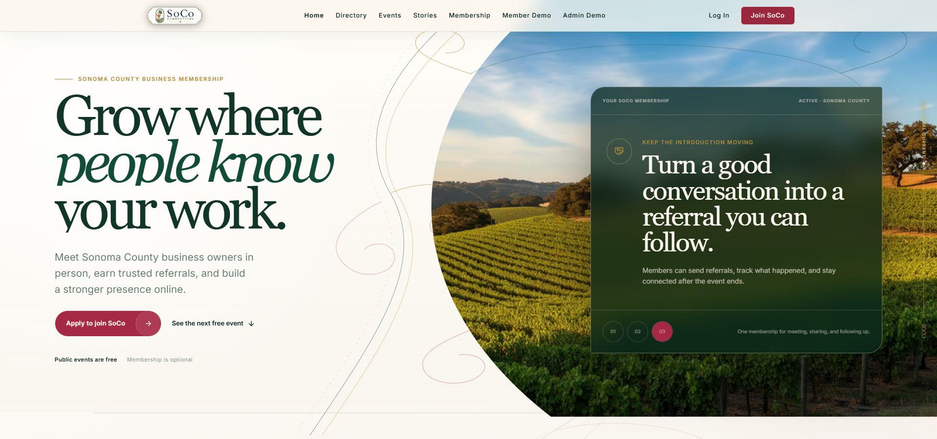 SoCo Connections website with Sonoma vineyard imagery and business membership presentation