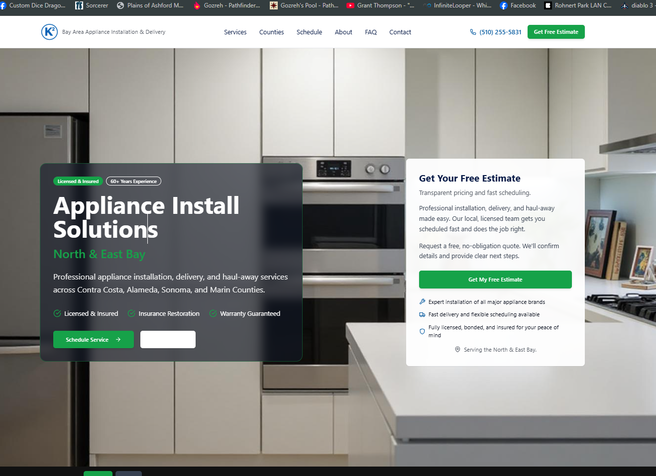 K2 Appliance Installation website screenshot