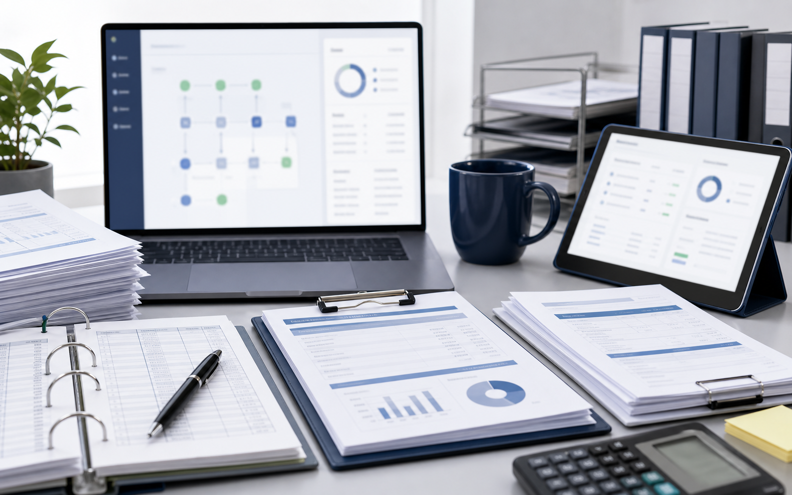 Clean finance operations desk with ledger packets, payroll summaries, invoices, and blurred migration dashboard screens.