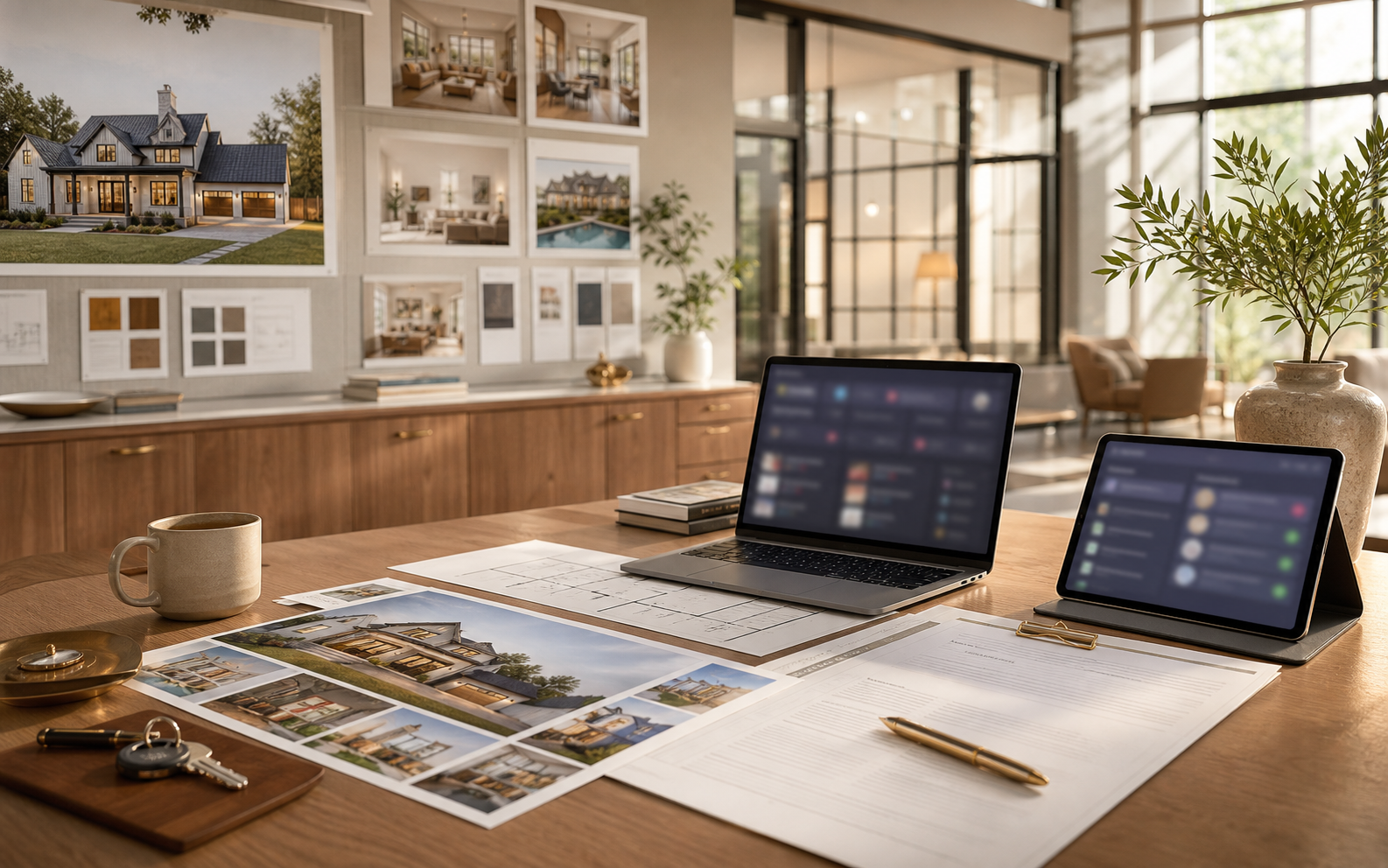 Editorial real estate listing operations desk with property photography, floor plans, and blurred listing dashboard screens.