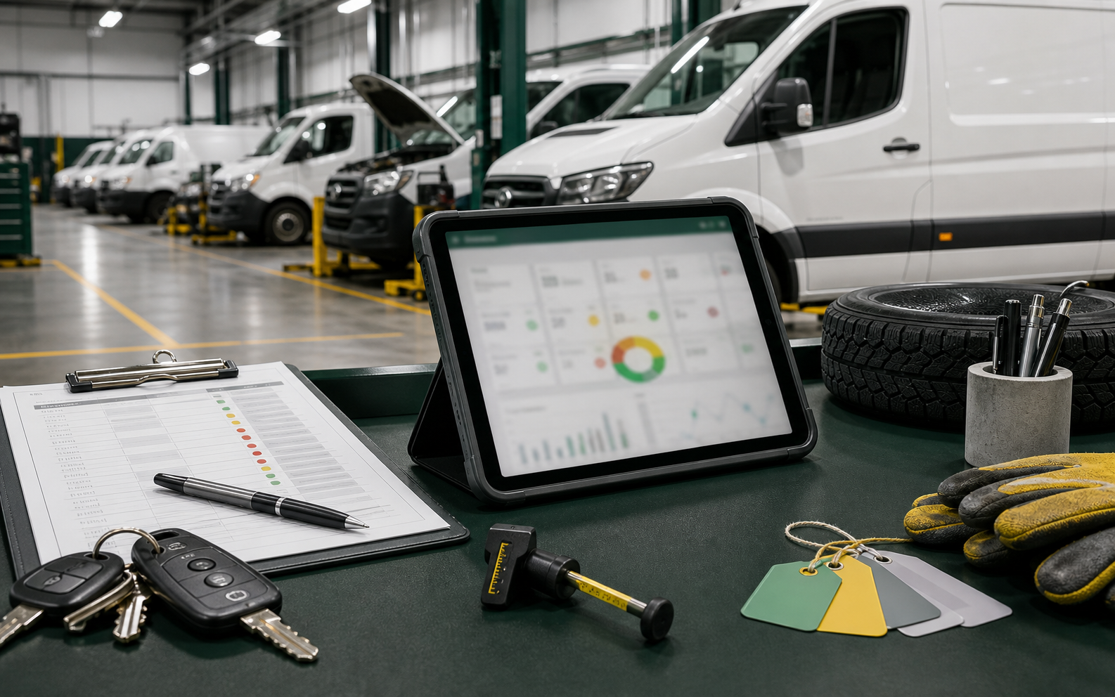 Trades fleet service bay with work vans, maintenance checklist, keys, rugged tablet, and blurred fleet health dashboard.