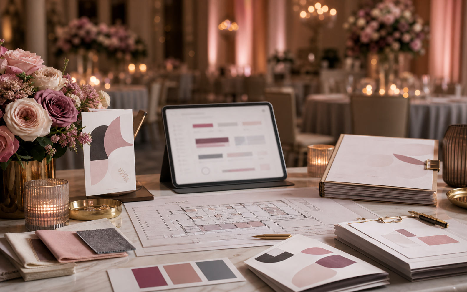 Elegant event venue planning desk with floral swatches, floor plan, contract packet, tablet, and warm venue background.