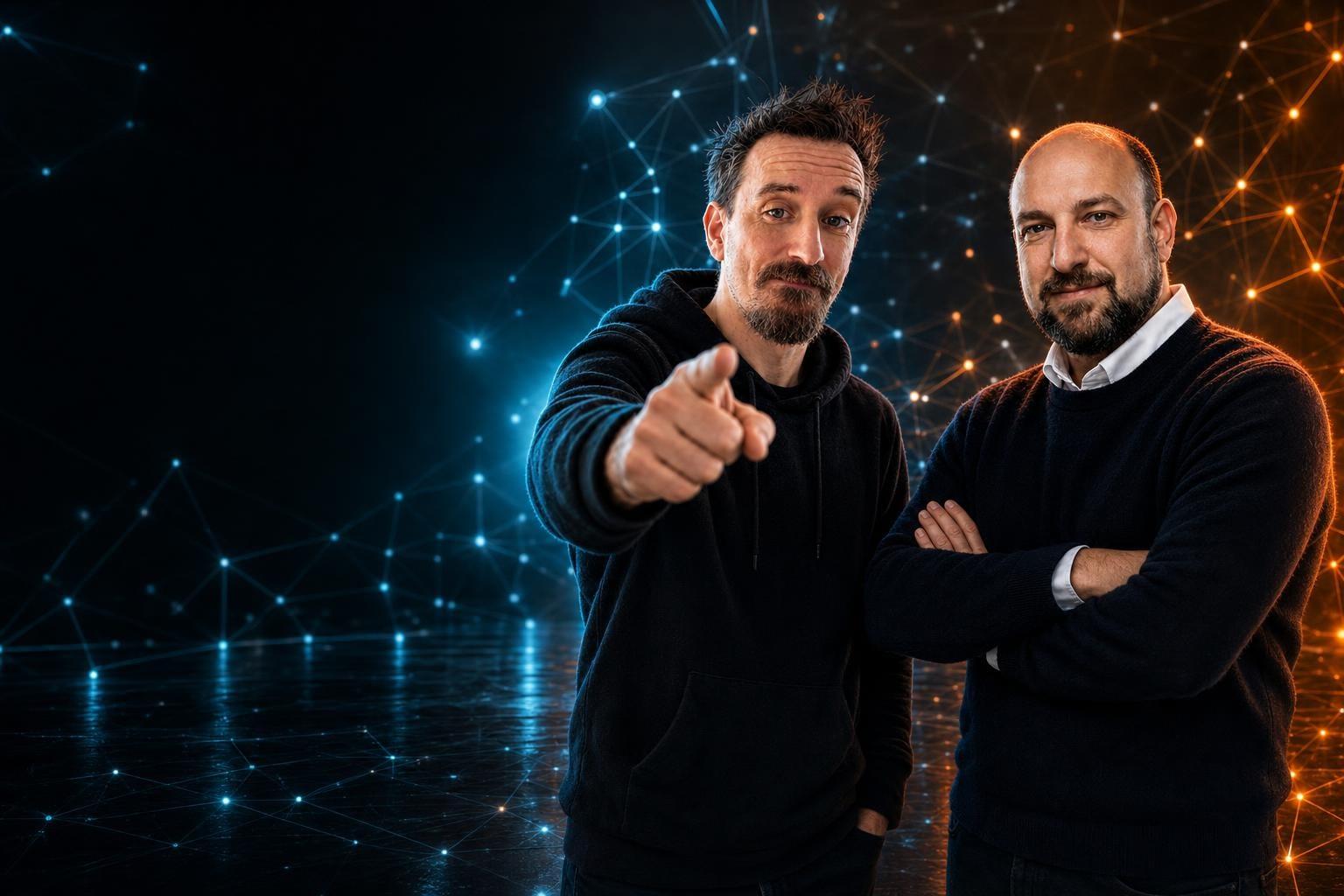 Shane Spencer pointing at the camera beside Alex Cinovoj, in a dark studio wrapped in a glowing network of teal and amber light.