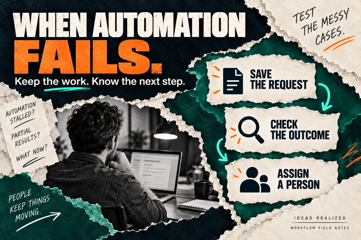 When automation fails: save the request, check the outcome, assign a person. Torn-paper editorial collage.