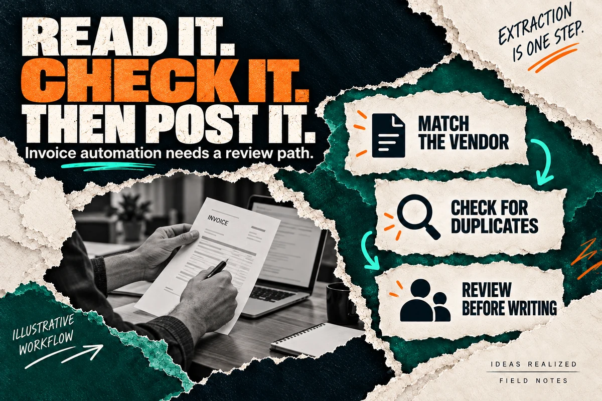 Read it, check it, then post it. Invoice review collage showing vendor matching, duplicate checks and human review.