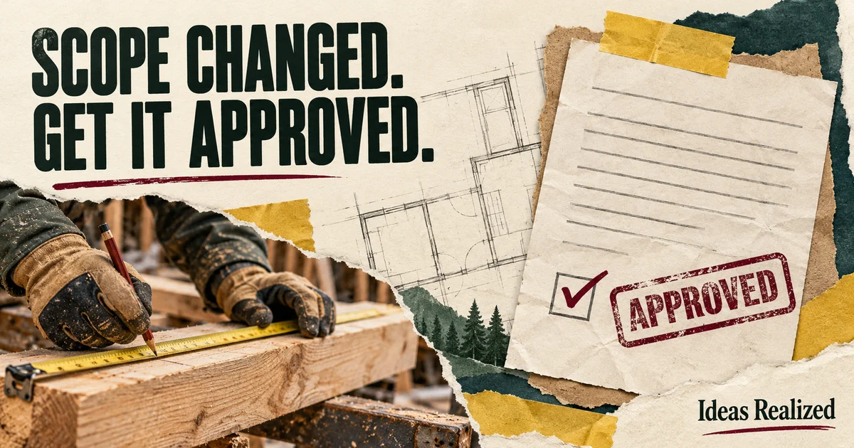 A contractor measures timber beside a paper approval record. Scope changed. Get it approved.