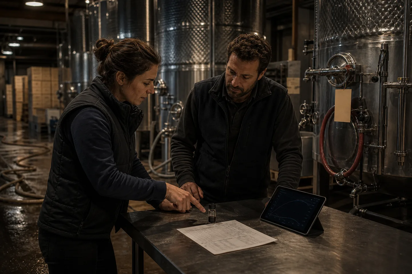 Two winery production workers review a sample, a lab sheet, and a fermentation record together in the cellar.