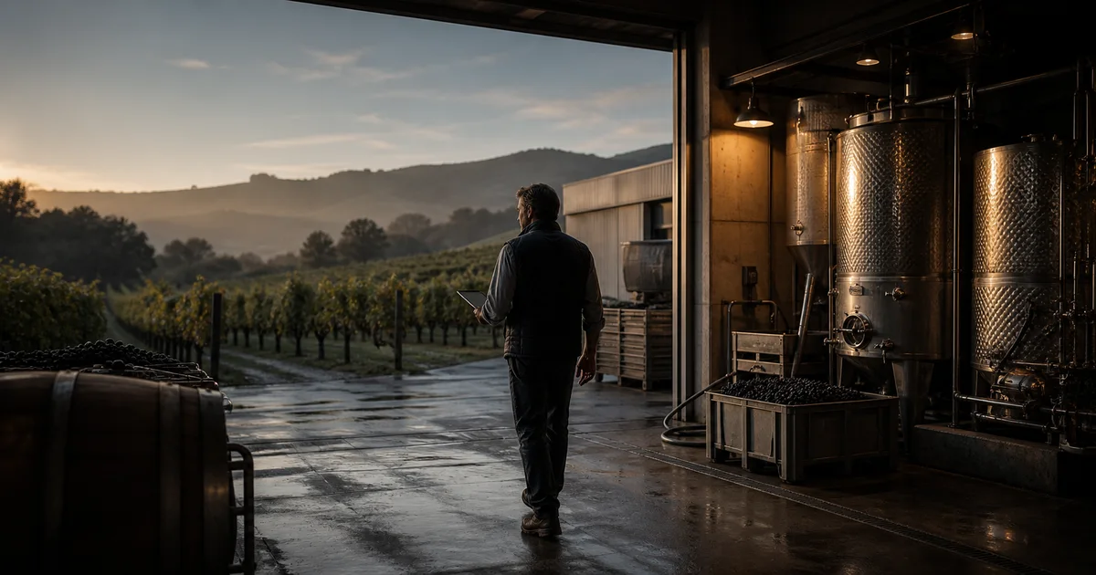 A winery operations lead walks between vineyard rows and fermentation tanks while reviewing a tablet at sunrise.