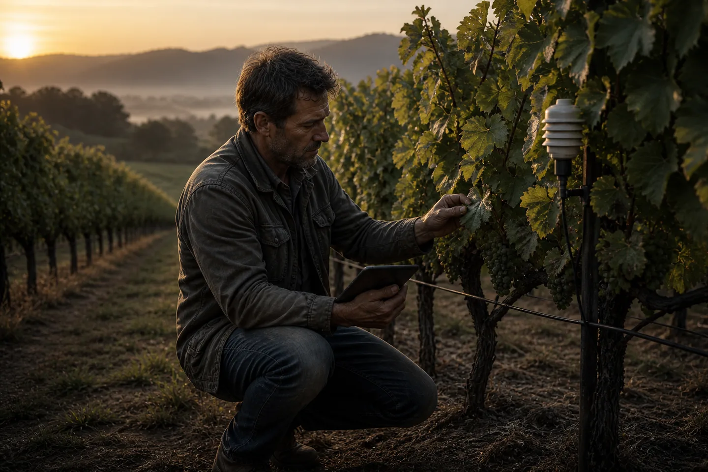 A viticulturist inspects a grapevine beside a field sensor while reviewing observations on a tablet.