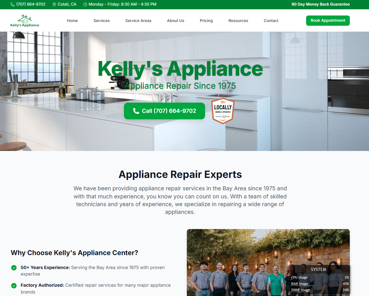 Kelly's Appliance Repair website screenshot
